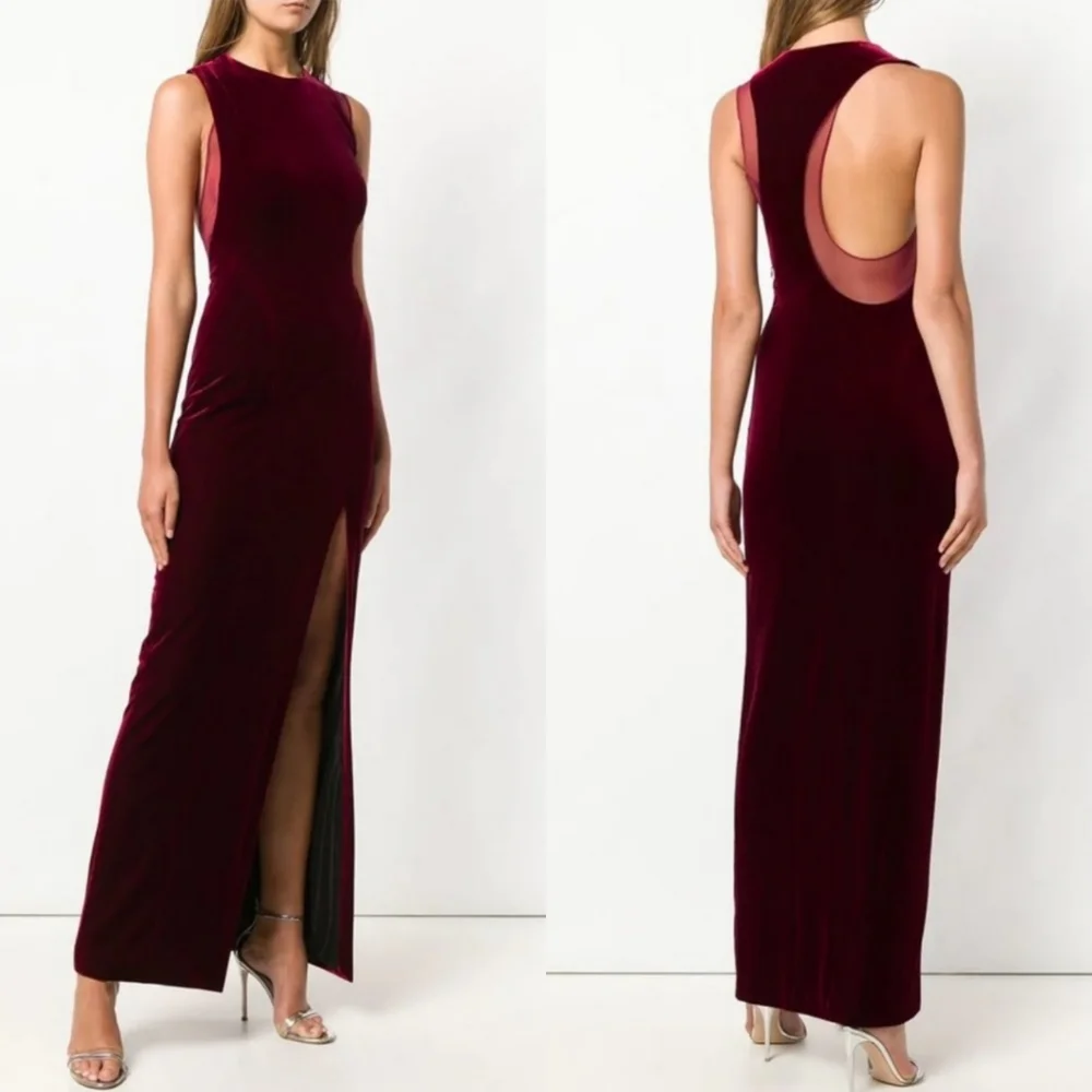 Galvan London Crescent Sheer Panel Thigh Split Velvet Wine Evening Gown Size 10 - Picture 5 of 17